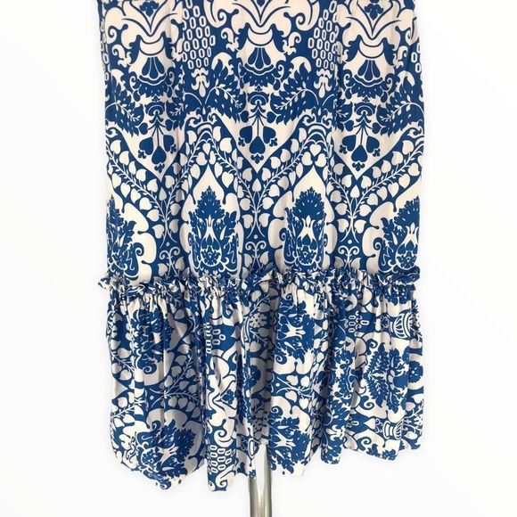Milly Blue & White Floral Sleeveless V Neck Ruffle Trim Tiered Dress size 4 - Picture 6 of 11